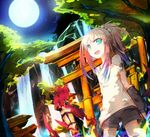  :d aqua_eyes bad_id bad_pixiv_id bare_shoulders fang full_moon gradient_hair ichiyan looking_at_viewer moon multicolored_hair night open_mouth original ponytail shorts smile solo torii water waterfall 