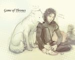  a_song_of_ice_and_fire bandages barefoot black_hair copyright_name facial_hair ghost_(a_song_of_ice_and_fire) j_(onose1213) jon_snow stubble tears wolf 
