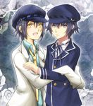  :d androgynous blue_eyes blue_hair cabbie_hat crossdressing detective dual_persona expressionless hat labcoat looking_at_viewer moonku multiple_girls necktie open_mouth persona persona_4 reverse_trap serious shirogane_naoto short_hair smile standing yellow_eyes 