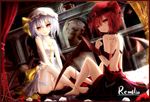  alternate_color back backless_outfit bare_legs bare_shoulders barefoot bat_wings character_name choker dual_persona flower hat leg_garter looking_at_viewer looking_back multiple_girls panties purple_hair red_eyes red_hair remilia_scarlet rose shirt short_hair sitting skirt skirt_set touhou underwear wangchuan_de_quanyan wings 