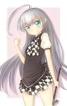  aki_no_omoi apron checkered checkered_skirt crowbar dress green_eyes haiyore!_nyaruko-san highres long_hair nyarlathotep_(nyaruko-san) silver_hair skirt 