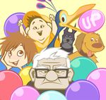  4boys :d :p age_difference alpha_(up) balloon bird black_eyes black_hair brown_eyes brown_hair carl_fredricksen copyright_name disney dog dug_(up) ellie_fredricksen feathers glasses kevin_(up) looking_at_viewer missing_tooth multiple_boys multiple_girls open_mouth pixar reverse_trap ro_riran russell_(up) smile tongue tongue_out up_(disney) white_hair younger 