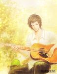  acoustic_guitar black_hair casual copyright_name final_fantasy final_fantasy_type-0 grey_hair guitar instrument j_(onose1213) kurasame_susaya logo sitting tonberry wavy_hair 