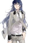  absurdres bad_id bad_pixiv_id belt blue_eyes blue_hair cotta flat_chest formal hand_on_belt highres jacket long_hair looking_at_viewer necktie older pants persona persona_4 persona_x_detective serious shirogane_naoto solo standing suit 