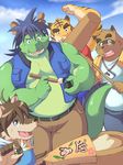  ?? biceps body_markings chinese_dragon chubby clothing dragon feline fur green_dragon kemono kounosuke looking_at_viewer male mammal markings monokuro426 morenatsu mornatsu muscles open_mouth open_shirt plain_background shirt shun tanuki tatsuki tiger torahiko_ooshima 