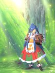  android apron blue_hair bow closed_eyes commentary dress flower forest frog highres instrument john_su long_hair mushroom music_box musical_note nature original smile solo tree very_long_hair viola_(instrument) 
