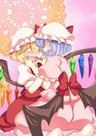  bad_id bad_pixiv_id bat_wings blonde_hair blue_hair blush bow brushing_teeth closed_eyes commentary flandre_scarlet hammer_(sunset_beach) hat large_bow low_wings multiple_girls no_shoes open_mouth pink_background red_eyes remilia_scarlet seiza short_hair siblings sisters sitting skirt skirt_set teeth touhou wince wings 