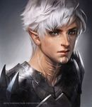  armor banned_artist dragon_age dragon_age_2 elf fenris_(dragon_age_2) green_eyes pointy_ears sakimichan watermark white_hair 