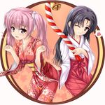  ass ass_grab black_eyes black_hair copyright_request hakama japanese_clothes kimono miko multiple_girls pink_eyes pink_hair red_hakama twintails uni8 