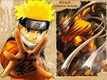  artist_request blonde_hair blue_eyes closed_mouth facial_mark kanji logo looking_at_viewer male_focus naruto naruto_(series) ninja outstretched_arm smirk spiked_hair spread_fingers upper_body uzumaki_naruto whisker_markings 