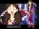  artist_request azumanga_daiou boots brown_eyes brown_hair closed_eyes cosplay crossover dress fan final_fantasy final_fantasy_x final_fantasy_x-2 folding_fan heart high_heels leblanc_(ff10) leblanc_(ff10)_(cosplay) multiple_views open_mouth parody projected_inset purple_footwear shoes tanizaki_yukari trait_connection zoom_layer 