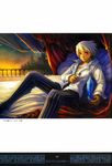 absurdres balcony bandages bangs bed building buttons chest cityscape curtains dress_shirt feathers highres holding jewelry looking_at_viewer male_focus night night_sky non-web_source odin_sphere official_art open_clothes open_shirt oswald_(odin_sphere) pants pillow reclining red_eyes ring scan shirt sitting sky solo spiked_hair spread_legs star_(sky) starry_sky striped striped_pants sunset tan white_hair yamashita_daichi 