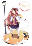  bow brown_hair copyright_request dog hamayumiba_sou lamp lamppost long_sleeves outdoors scarf school_uniform shoes skirt snow socks solo thighhighs translated 