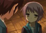  1girl cardigan inui_nagi kita_high_school_uniform kyon lowres nagato_yuki school_uniform serafuku suzumiya_haruhi_no_yuuutsu 