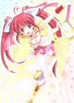  :d ahoge azuma_yuki boots breasts full_body hair_ribbon heart leaning magical_girl medium_breasts open_mouth original pink_ribbon pleated_skirt red_hair ribbon skirt smile solo star twintails wand wristband 