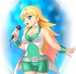  :d ahoge belt blonde_hair blush breasts buckle cable choker cleavage collarbone cool_&amp;_sexy_(idolmaster) green_eyes green_shirt hoshii_miki idolmaster idolmaster_(classic) idolmaster_1 large_breasts long_hair looking_to_the_side lunch_(lunch3) microphone music open_mouth shirt singing skin_tight smile solo thigh_gap very_long_hair 