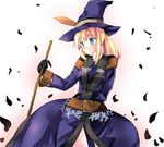  arms_behind_back belt black_gloves blonde_hair blue_eyes broom dress fantasy_earth_zero gloves hat holding long_hair petals ponytail shigen simple_background solo witch witch_hat 