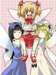  black_hair blonde_hair blush bow carrying crossed_arms drill_hair fairy_wings gengorou hair_bow looking_at_viewer looking_away luna_child mary_janes multiple_girls open_mouth shoes sitting socks star_sapphire sunny_milk touhou twintails wings 
