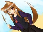  animal_ears holo long_hair solo spice_and_wolf tail uramachi_katana wheat wolf_ears 