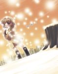  big_eyes black_legwear blush brown_coat brown_eyes brown_hair coat forest hairband hirose_madoka kanji kanon large_hands nature scarf snow solo translated tree tree_stump tsukimiya_ayu 