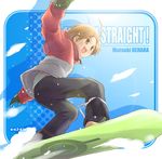  :d blonde_hair blush border brown_eyes coat eretto from_below full_body gakuen_utopia_manabi_straight! long_sleeves open_mouth outstretched_arms pants short_hair smile snow snowboard solo standing uehara_mutsuki winter_clothes winter_coat 