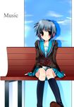  bangs bench blue_sailor_collar cardigan headphones kita_high_school_uniform nagato_yuki panties sailor_collar sakura_hanpen school_uniform serafuku short_hair solo striped striped_panties suzumiya_haruhi_no_yuuutsu underwear 