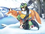  animal_ears anklet barefoot black_hair feet fox fox_ears gagraphic jewelry kneeling long_hair long_sleeves looking_back oshare_kyoushitsu snow soles solo tail wallpaper winter yellow_eyes 