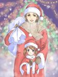  1girl :d blue_eyes blurry blurry_background bobblehat brown_hair brown_scarf child christmas christmas_tree cowboy_shot father_and_daughter fur_trim light long_sleeves looking_at_viewer lowres open_mouth original plant santa_costume scarf shibusawa_hayato short_hair smile tree 
