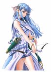  arrow blue_eyes blue_hair bow_(weapon) bracelet choker dress duplicate elf fantasy flat_chest fur hair_ornament hair_ribbon jewelry long_hair miniskirt official_art olha_(ys) pointy_ears quiver ribbon simple_background skirt solo standing taue_shunsuke thighs weapon ys ys_vi_ark_of_napishtim 