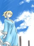  aegis_(persona) android blonde_hair blue_eyes cloud day dress michael persona persona_3 sky solo 