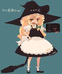  apron blonde_hair bow braid brown_hair cable game_console green_background hair_bow hand_on_hip hat holding kirisame_marisa long_hair looking_at_viewer mota sega_mega_drive simple_background single_braid solo standing text_focus touhou waist_apron witch_hat 