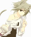  animal animal_ears animal_print bare_shoulders cat cat_ears cat_print collarbone copyright_request cowboy_shot dutch_angle looking_at_viewer off-shoulder_shirt satomi shirt simple_background solo white_background white_shirt 