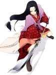  copyright_request face fighting_stance japanese_clothes kimono kyo_(kuroichigo) long_hair low-tied_long_hair naginata polearm solo sword weapon white_background 