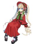  blonde_hair bonnet bow bowtie capelet drill_hair flower green_bow green_neckwear long_hair long_sleeves looking_at_viewer makaroni pigeon-toed red_capelet red_flower red_rose rose rozen_maiden shinku sidelocks simple_background solo twin_drills twintails very_long_hair white_background 