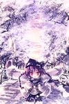  bad_id bad_pixiv_id braid brown_hair coat hat inuneko mittens original outdoors pillow_hat purple purple_background red_eyes skirt snow snowflakes snowing solo tree twin_braids twintails winter 
