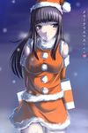  black_eyes black_hair blush breath c-wing christmas cowboy_shot dress fur_collar fur_trim heart long_hair looking_at_viewer orange_santa_costume original pom_pom_(clothes) red_dress santa_costume sidelocks sleeveless solo standing text_focus winter 