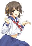  :d brown_eyes brown_hair cherry_blossoms flower hands luna_(reclaimed_land) open_mouth original school_uniform smile solo twintails 