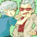  :d akagi akagi_shigeru artist_request belt buckle collared_shirt dress_shirt formal grimace grin hirayama_yukio jacket long_sleeves lowres multiple_boys oekaki open_clothes open_jacket open_mouth pinstripe_suit shirt short_sleeves silver_hair smile spiked_hair standing striped suit sunglasses surprised sweatdrop t-shirt teeth 