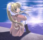  :d air black_footwear blonde_hair blue_eyes blush boots crossed_arms dress kamio_misuzu knee_boots long_hair long_sleeves looking_at_viewer open_mouth outdoors pantyhose pink_dress ponytail satou_takeshi shore smile solo thighhighs very_long_hair water white_legwear 