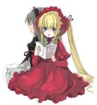  :d back-to-back bangs blonde_hair blunt_bangs bonnet book capelet closed_eyes dress frills green_hair holding holding_book looking_at_viewer lowe_(slow) multiple_girls open_book open_mouth ponytail profile red_dress rozen_maiden shinku sidelocks simple_background smile suigintou white_background 