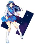  asakura_ryouko blue_hair blue_sailor_collar kita_high_school_uniform kneehighs knife long_hair sailor_collar school_uniform serafuku shirota_dai socks solo suzumiya_haruhi_no_yuuutsu 