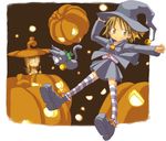  brown_background cat copyright_request halloween jack-o'-lantern kuro_(kuroneko_no_kanzume) multiple_girls pumpkin pumpkin_hat skirt striped thighhighs zettai_ryouiki 