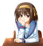  blue_sailor_collar brown_eyes brown_hair chin_rest desk frown hairband kita_high_school_uniform maroppe sailor_collar school_uniform serafuku short_hair simple_background sitting solo suzumiya_haruhi suzumiya_haruhi_no_yuuutsu upper_body white_background 