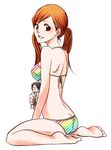  artist_request bikini bleach character_doll feet inoue_orihime ishida_uryuu kneeling lowres orange_hair smile solo striped striped_bikini swimsuit twintails 