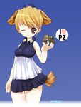  animal_ears bad_anatomy blonde_hair blue_background brown_eyes copyright_request dog_ears dog_tail dress heart one_eye_closed short_dress short_hair solo spoken_heart tail ueda_hashigo 