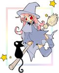  artist_request broom broom_riding cat copyright_request pink_hair red_eyes sidesaddle solo witch 