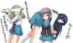  :d aiming asakura_ryouko bangs blue_eyes blue_hair blue_sailor_collar cardigan carrying_over_shoulder covered_eyes fan fireman's_carry green_hair harisen holding inui_nagi kimidori_emiri kita_high_school_uniform kneehighs long_hair long_sleeves momotaros multiple_girls nagato_yuki neck_ribbon open_mouth parted_bangs purple_hair ribbon sailor_collar school_uniform serafuku shaded_face simple_background smile standing suzumiya_haruhi_no_yuuutsu tears translated white_background yellow_eyes 