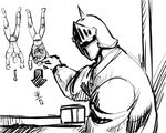  armor directional_arrow doll from_side greyscale helmet kinnikuman knight looking_at_viewer looking_to_the_side male_focus michael monochrome robin_mask simple_background solo table translated upper_body upside-down white_background 