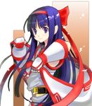  belt blue_eyes blue_hair bow buckle clenched_hand cowboy_shot faulds gauntlets hairband long_hair looking_at_viewer makaroni nakoruru red_bow samurai_spirits solo upper_body very_long_hair 