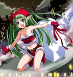  armpits bare_legs bell belt_buckle beret buckle christmas city_lights cityscape demonbane elsa_(demonbane) full_body gloves green_eyes green_hair hat inue_shinsuke jingle_bell kneeling light long_hair looking_at_viewer outstretched_arms red_gloves red_skirt santa_costume silhouette skirt solo spread_arms very_long_hair 